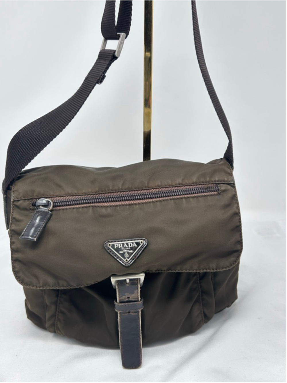 Prada Brown Tessuto Nylon Messenger Crossbody Bag Triangle Logo Italy